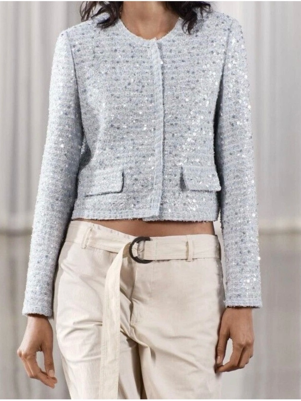 NWT ZARA WOMAN CHANEL ZW COLLECTION SEQUIN CROPPED JACKET  BLUE WHITE Sz S